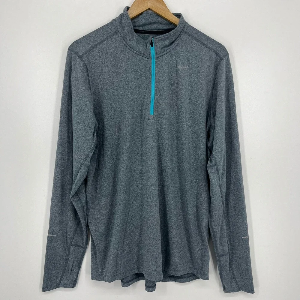Nike‎ Running Dri-FIT Mens Gray Teal Quarter Zip Pullover Large 504606-480